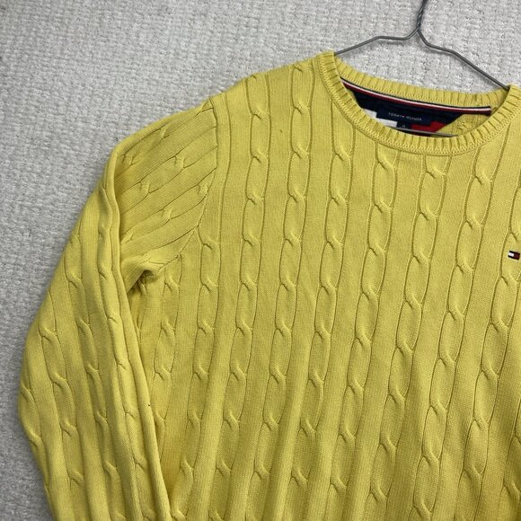 Vintage Tommy Hilfiger Cable Knit Sweater Yellow Men XL Preppy Grandpa Pullover - Picture 3 of 10